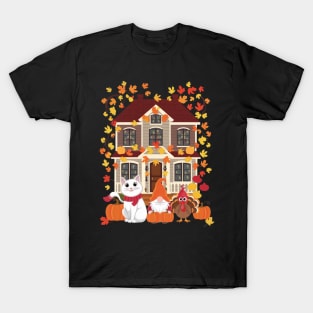 Happy Autumn Thanksgiving British Longhair Cat Gnome Turkey T-Shirt